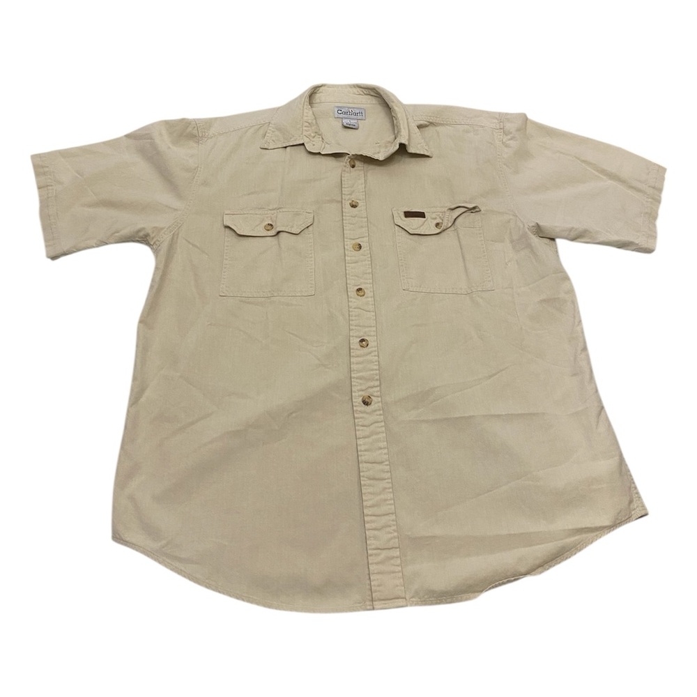 Men’s Carhartt Shirt Tan Khaki Relaxed Fit Cotton Short Sleeve Size L